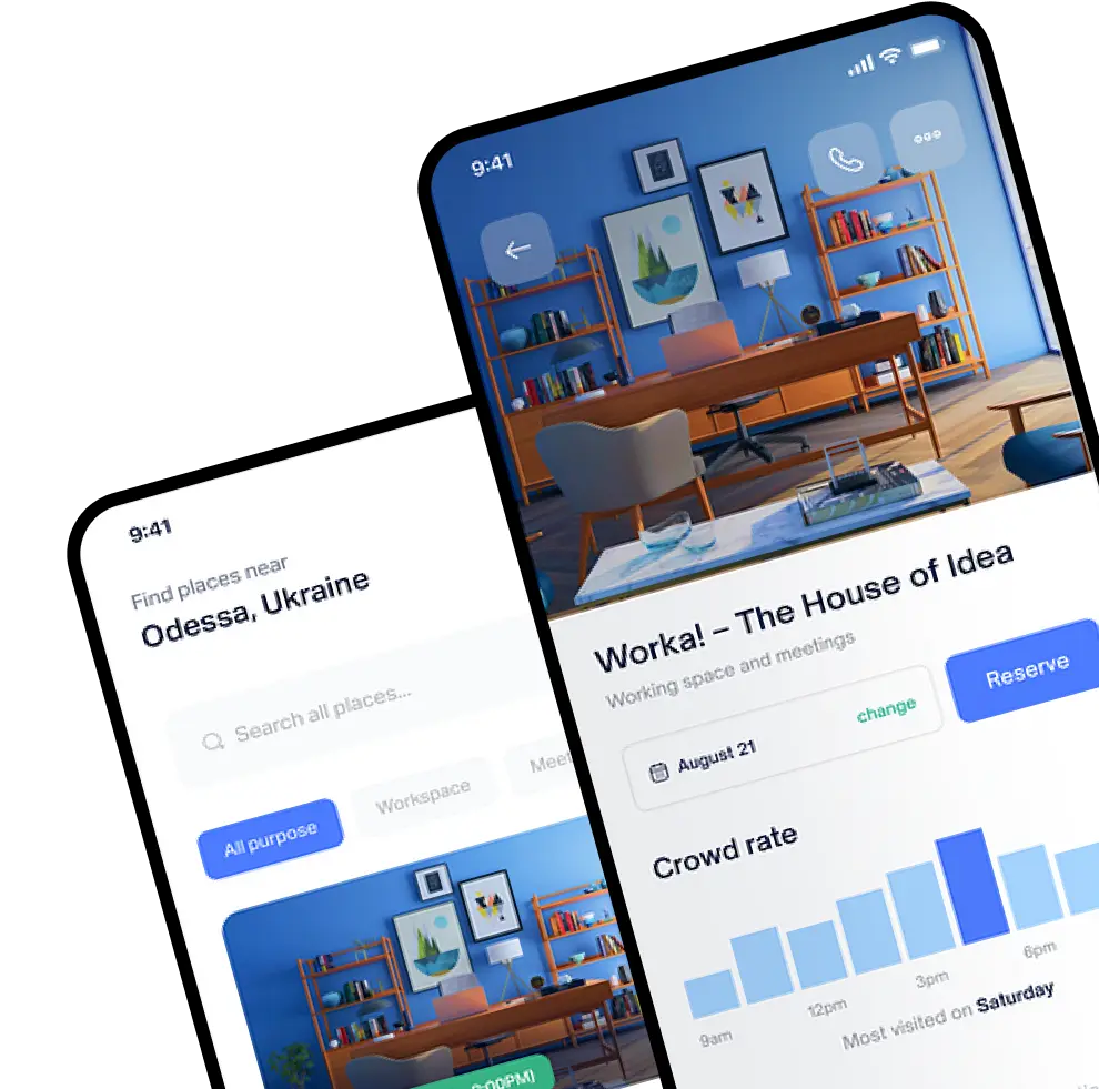 two mockup screens show the booking mobile app development