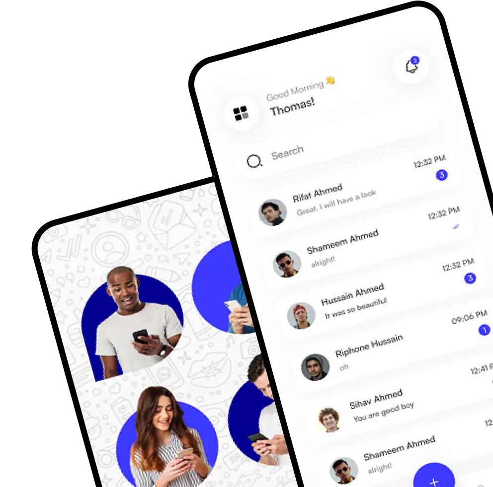 two mockup screens show the dating mobile app development