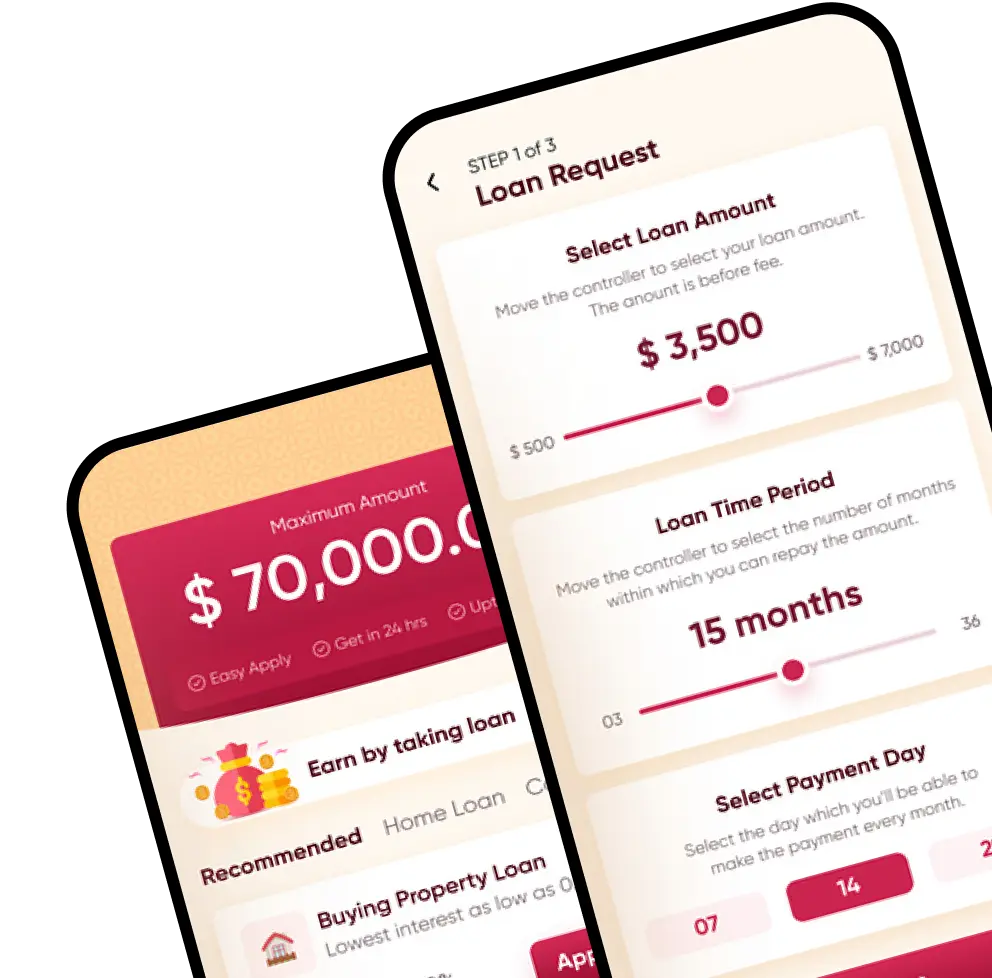 two mockup screens showing lending mobile app development