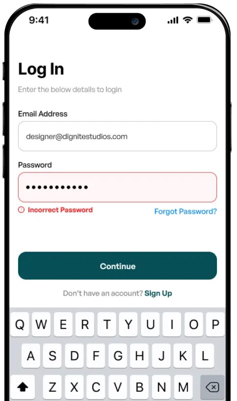 mock screen shows the mobile app testing of login layout