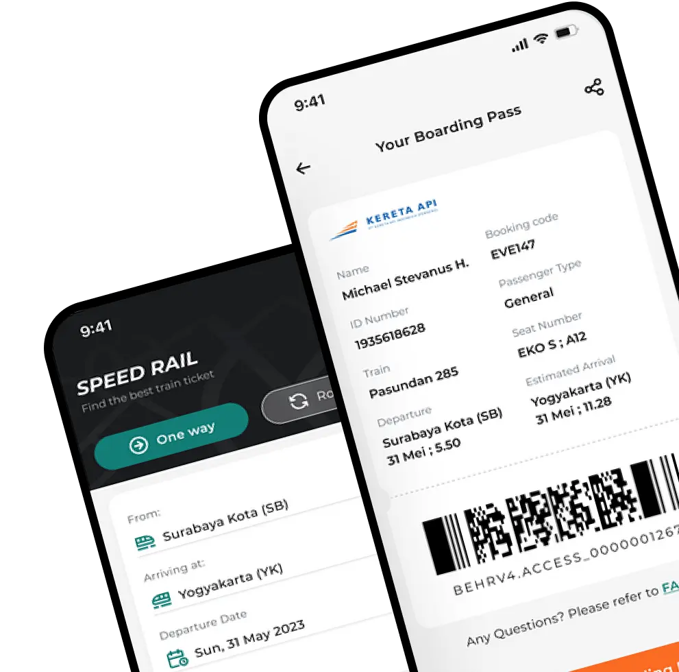 two mockup screens show the ticketing mobile app development